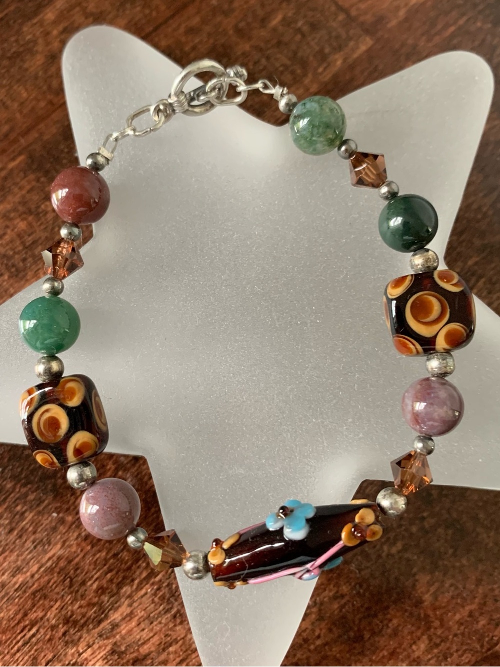 Artisan made vintage beaded sterling silver bracelet, 7.75in in